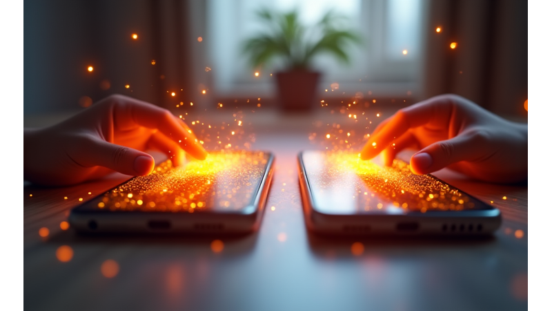 Ilustración del proceso de una transferencia P2P instantánea entre dos smartphones