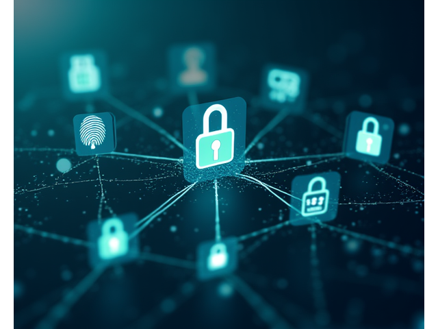 Iconos representando biometría, encriptación y protección contra fraudes