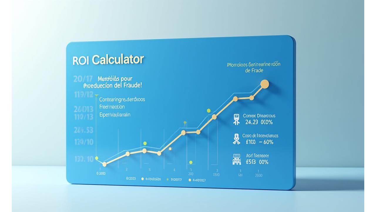 Panel de control interactivo mostrando ahorros financieros gracias a la prevención de fraude con AI y una gráfica de ROI.