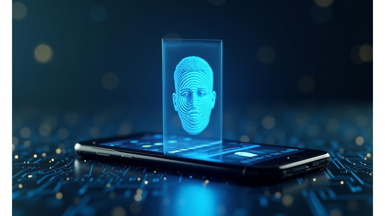 Simulación de pago con reconocimiento facial en pantalla de smartphone