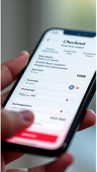 Smartphone mostrando un proceso de pago optimizado para móvil con interfaz limpia y botones grandes.