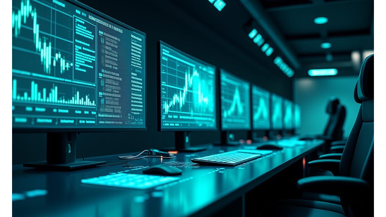 Escenario de laboratorio de innovación con pantallas y gráficos de datos