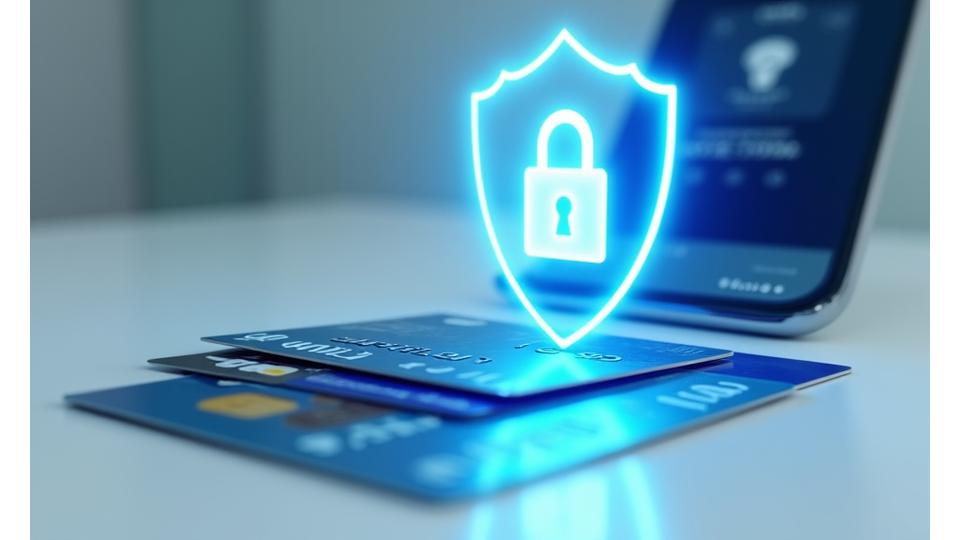 Varias tarjetas de crédito y débito con un símbolo de pago seguro y un smartphone con la aplicación CobijaPago, simbolizando transacciones Fintech seguras.